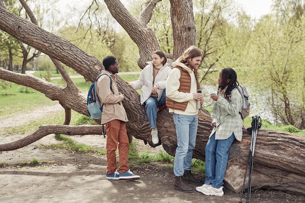 Amigos relajantes después de la caminata nórdica