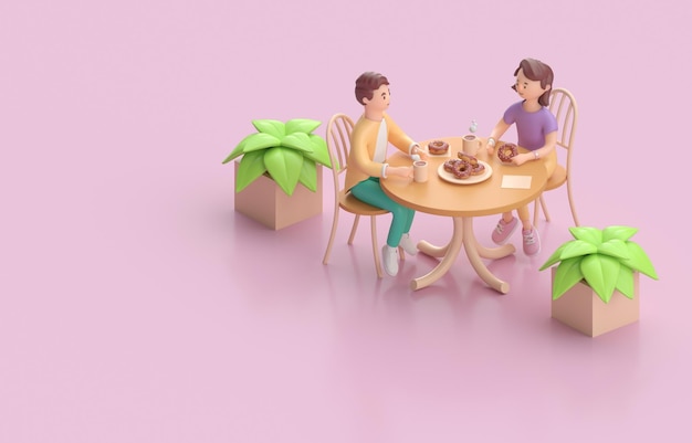 Amigos en el restaurante Food Concept 3D render