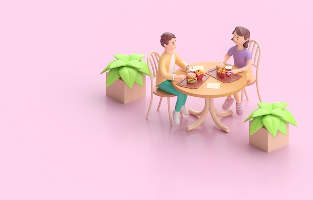 Amigos en el restaurante Food Concept 3D render