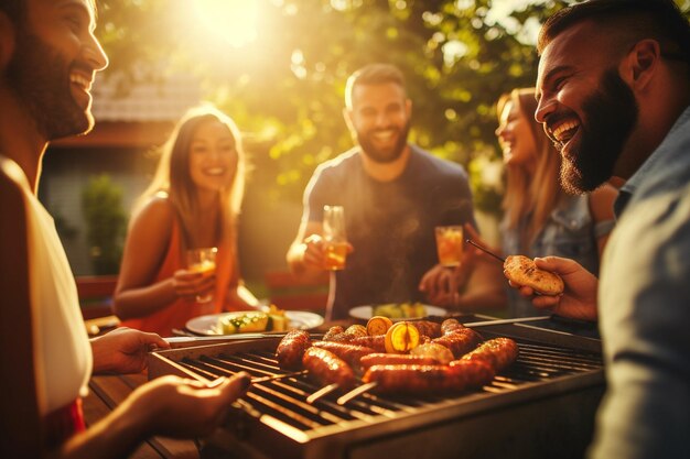 Amigos reunidos alrededor de una parrilla de barbacoa riendo y disfrutando de la comida