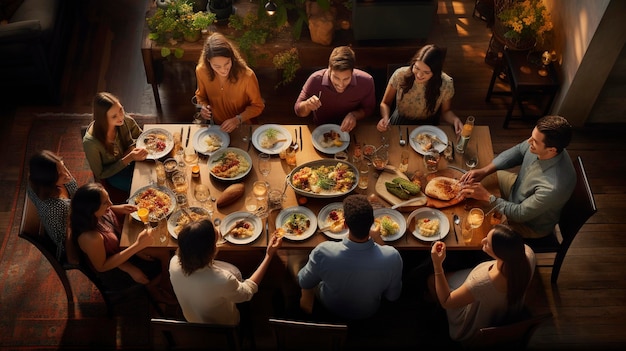 Amigos reuniendo la vida diaria bebiendo y comiendo juntos.