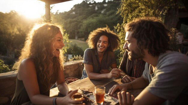 Amigos reuniendo la vida diaria comiendo y bebiendo juntos