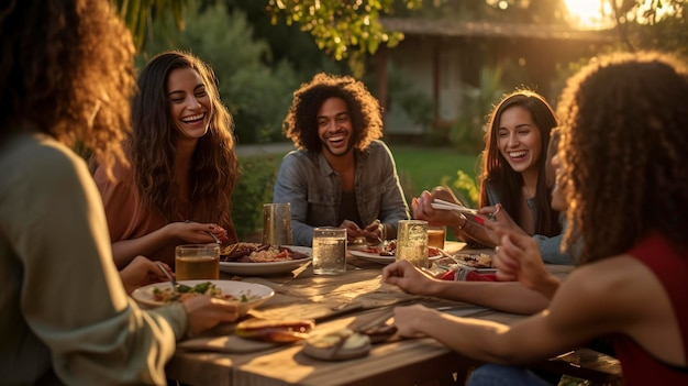 Amigos reuniendo la vida diaria comiendo y bebiendo juntos