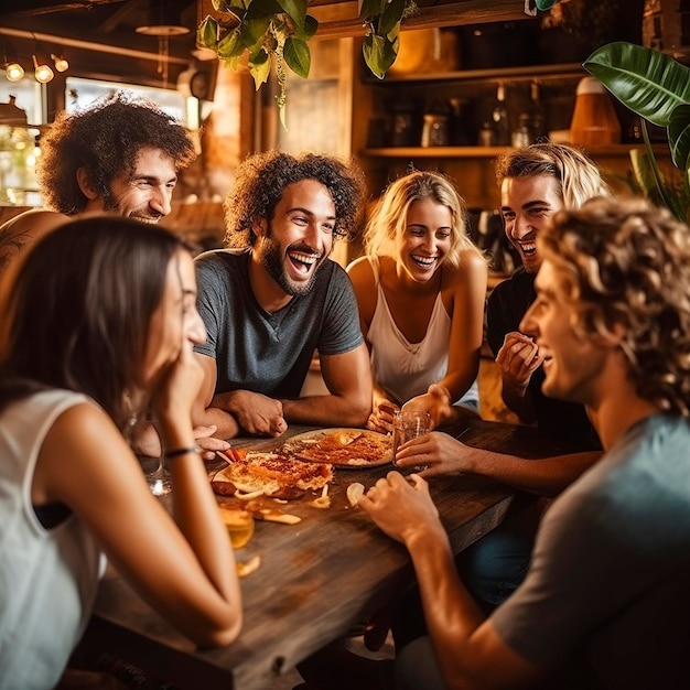 Amigos reuniendo la vida diaria comiendo y bebiendo juntos