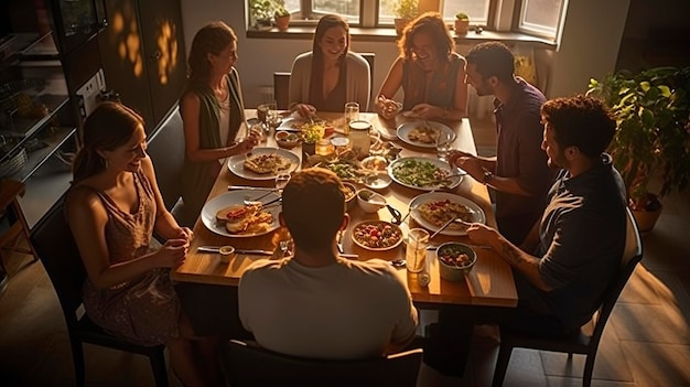 Amigos reunindo vida diária bebendo e comendo juntos