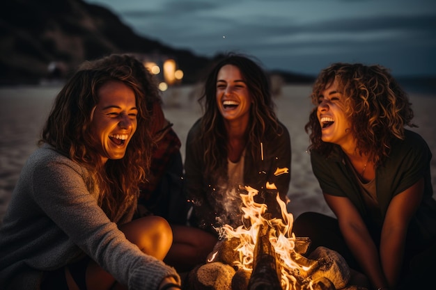 Foto amigos riendo alrededor de una hoguera en la playa