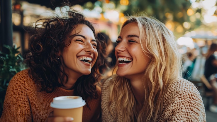 Foto amigos riendo y bebiendo café en un café al aire libre en un día soleado