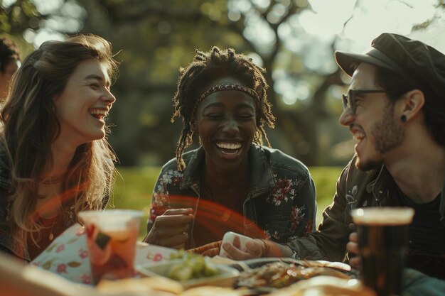 Amigos riendo compartiendo un picnic en el parque