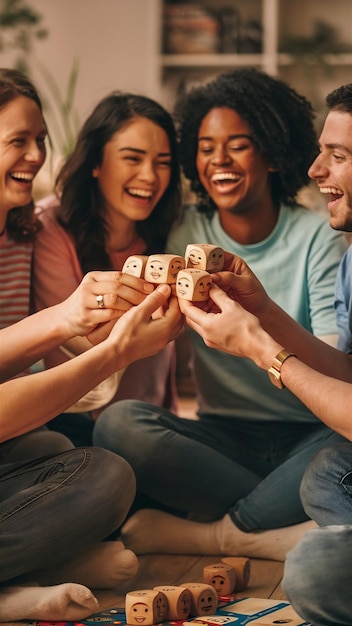 Amigos riendo con cubos de madera