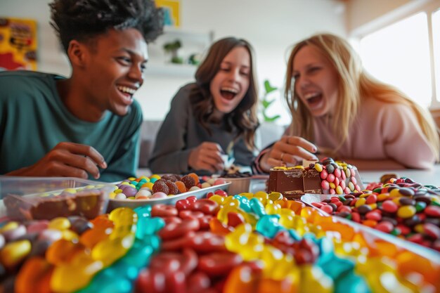 Amigos riendo y disfrutando de dulces juntos