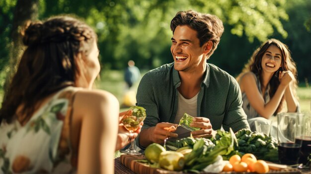 Foto amigos riendo y divirtiéndose en un picnic verde claro y negro en el parque