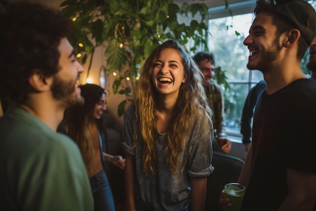 Amigos riendo y riendo en un bar con un hombre con camiseta verde y una mujer con camiseta verde que dice "no".