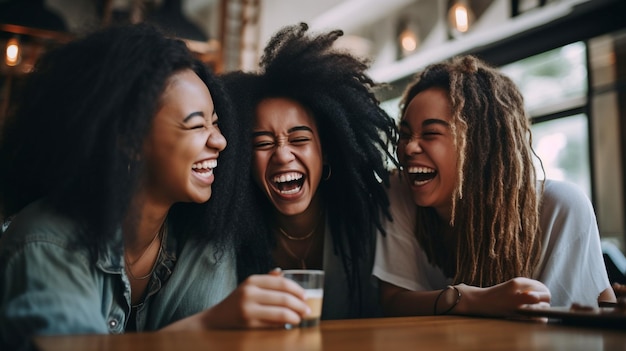 Amigos rindo em um café usando IA generativa