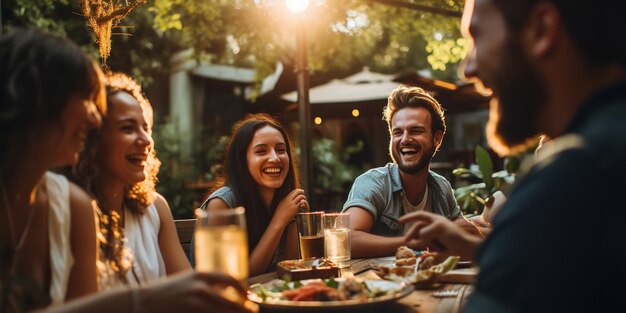 Foto amigos rindo jantando fora em um restaurante no verão generative ai