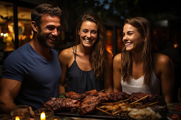 Foto amigos se divertem grelhando picanhas em encontro caloroso e generativo ia