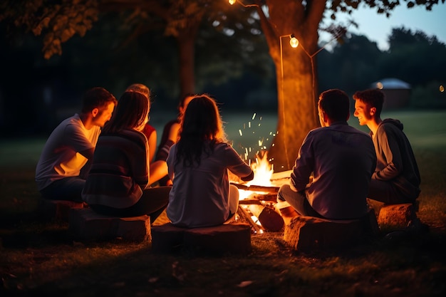 Amigos sentados alrededor de una hoguera compartiendo historias y creando recuerdos para toda la vida