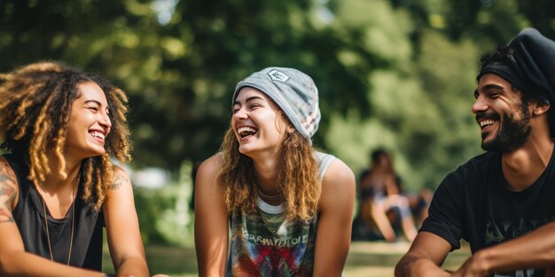 Foto amigos sonriendo el uno al otro en el parque ia generativa