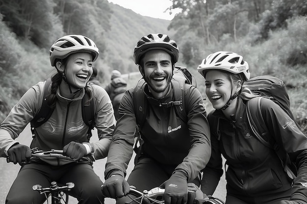 Foto amigos sonriendo y riendo entre sí durante el viaje siempre está en el mapa