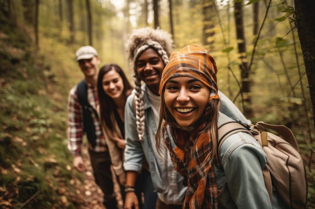 Amigos sonrientes caminando por un bosque creado con IA generativa