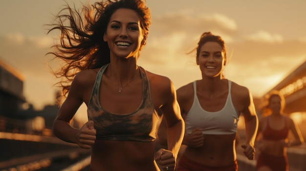 Amigos sonrientes corriendo juntos en una pista