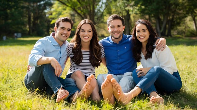 Amigos sonrientes sentados sobre el césped