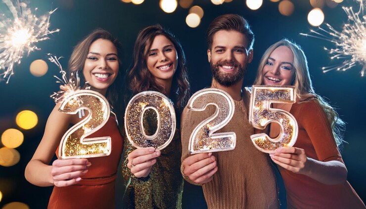 Amigos sonrientes sosteniendo chispas en forma de 2025 en una fiesta de Año Nuevo Generador de IA