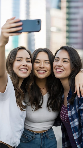 Amigos sonrientes tomando selfies