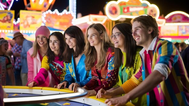 Foto amigos sorridente na feira olhando para longe