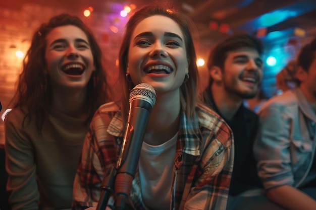 Amigos sorridente tendo uma noite de karaoke
