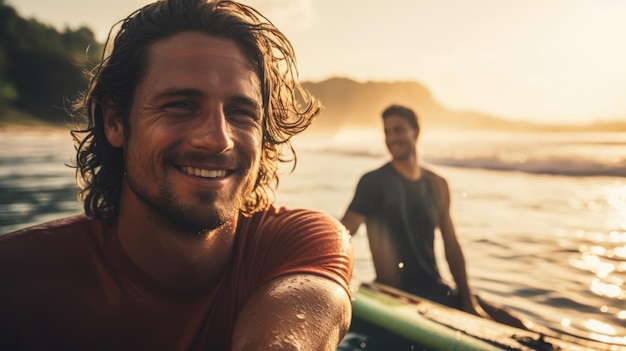 Foto amigos surfistas surfando no oceano pegando ondas o conceito de esporte recreação amizade