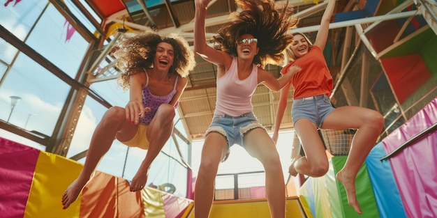 Foto amigos tendo um dia divertido em um parque de trampolim com saltos saltos e rostos alegres capturando ativo