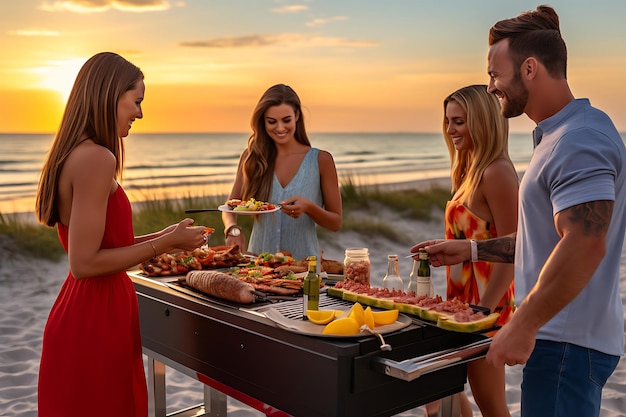 Amigos teniendo una barbacoa en la playa durante el crepúsculo