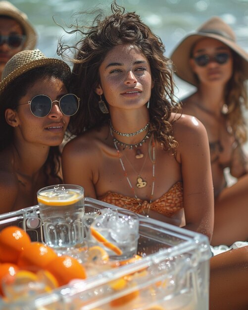 Foto amigos teniendo un picnic en la playa con papel tapiz lleno de refrigerador