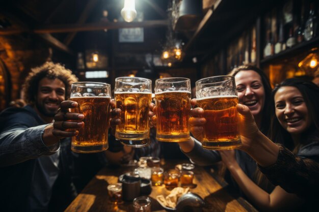 Foto amigos tilintando copos de cerveja em um bar ia generativa