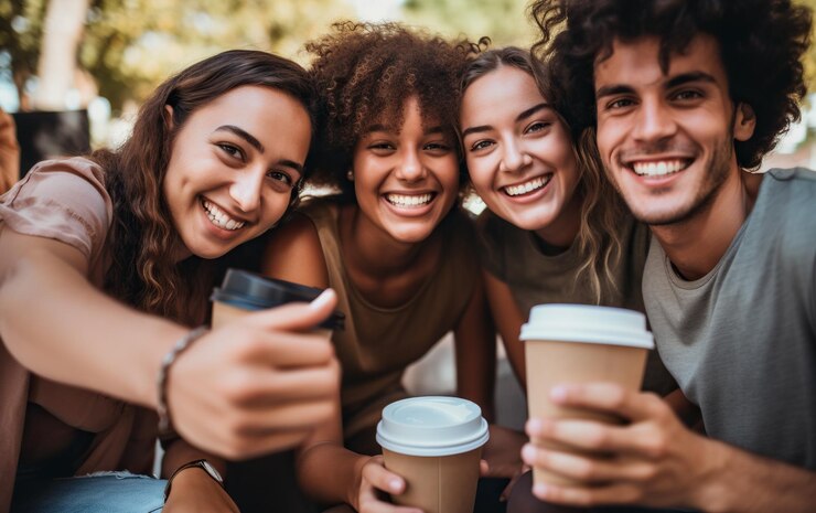 Amigos tirando uma selfie com xícaras de café em uma reunião social
