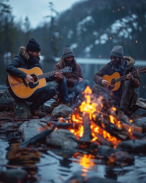 Foto amigos tocando guitarra e cantando músicas de fundo