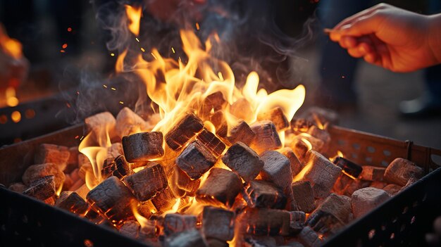 Amigos tomados de la mano mientras cocinan malvaviscos sobre el fuego en una toma de parrilla en primer plano