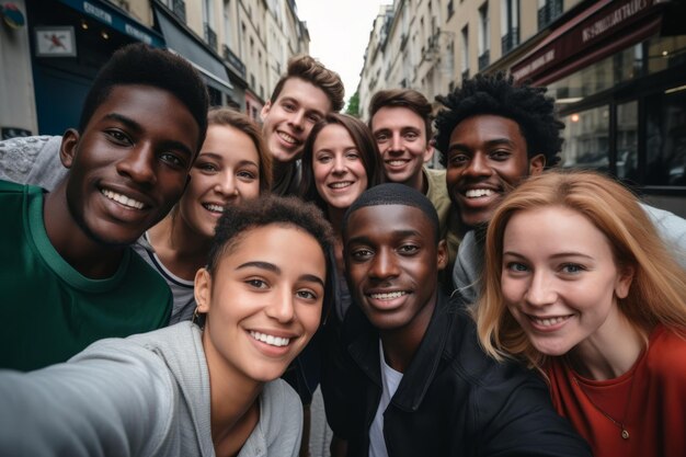 Amigos tomando selfie en el estilo de vida de la ciudad ai generativo Concepto de amigos