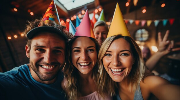 Amigos tomando una selfie con sombreros de fiesta