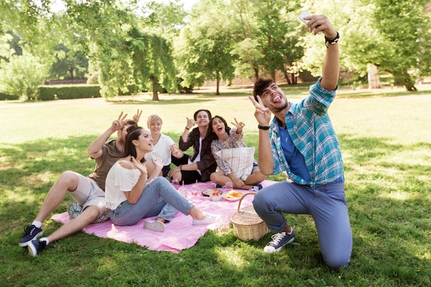 Amigos tomando selfie por teléfono inteligente en un picnic