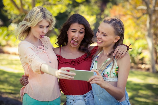 Amigos tomando selfie con teléfono móvil