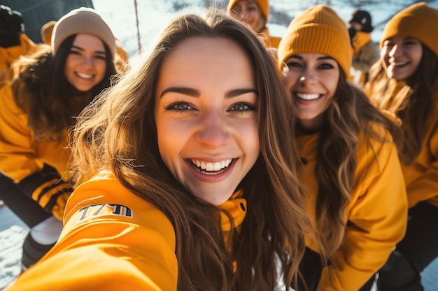 Amigos tomándose una selfie en invierno generada por IA