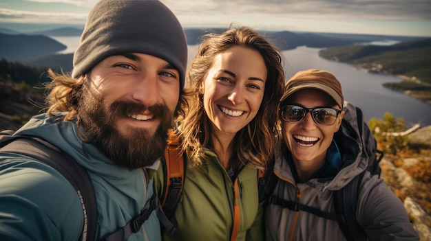 Amigos tomándose selfies en la ruta de senderismo.