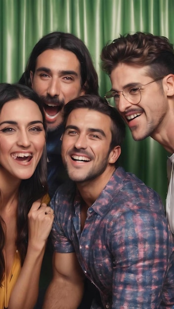 Amigos de tomas medias posando en una cabina fotográfica