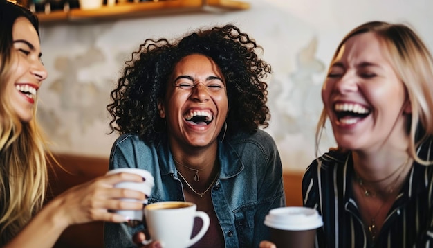 Los amigos se unen con café, ríen y disfrutan de la compañía del otro en un acogedor café AIG62