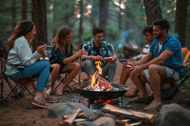 Amigos unidos junto a una fogata en el bosque