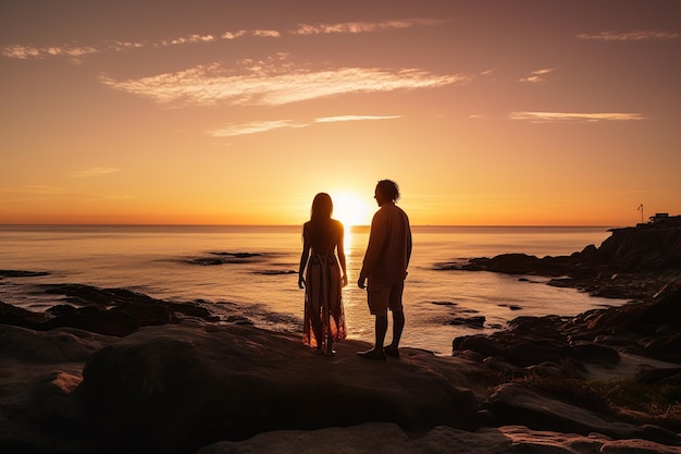 Amigos de varias razas disfrutan de la puesta de sol junto al mar