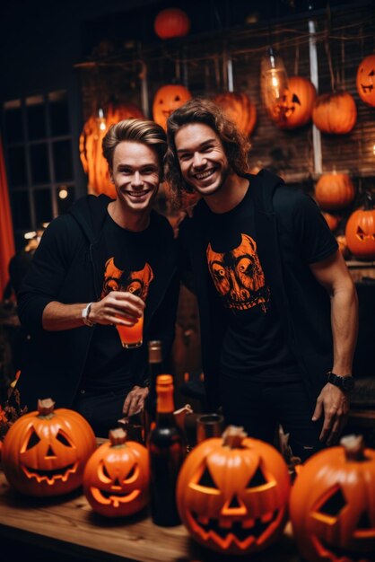 Foto amigos vestidos con trajes felices de halloween celebran una fiesta en un club nocturno