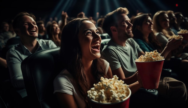 amigos viendo una película en el cine y riendo