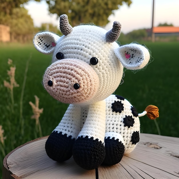 Amigurumi de hilo de vaca blanco y negro